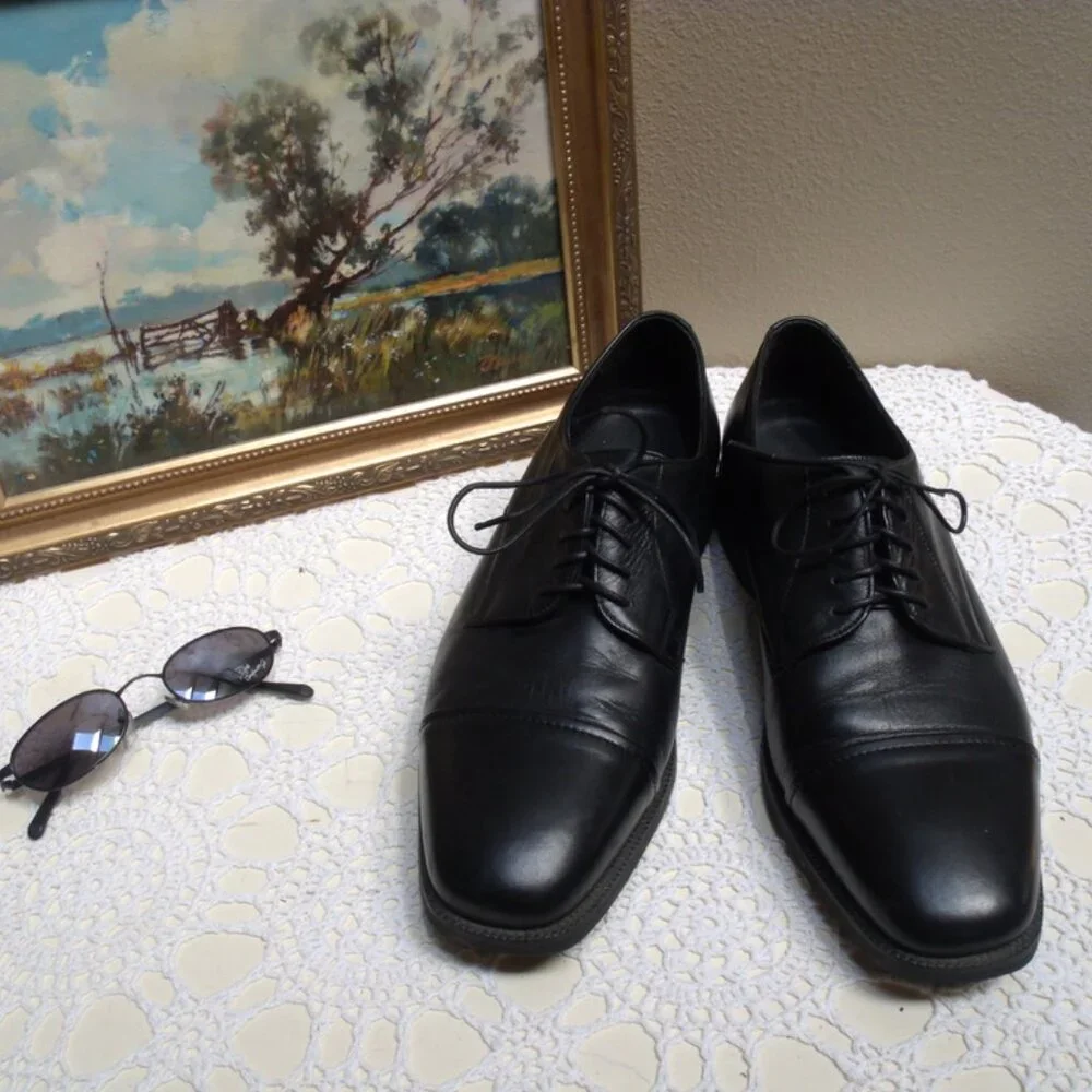 NEIL M Black Leather Lace-Up Cap-Toe Cushioned The Senator Oxfords Sz 9.5 D